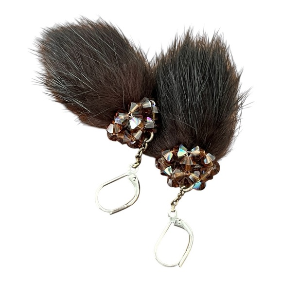 Faux Fur Rhinestone brown Earrings - Picture 1 of 5